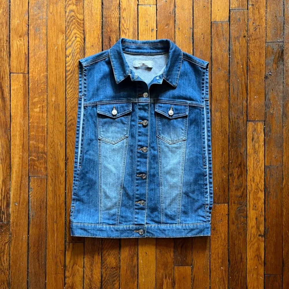 ASH Studio Paris‎ Women Blue Faded Sleeveless Button Down Denim Jean Jacket Vest